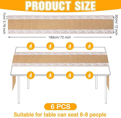 Tatuo 12 Pcs Lace Burlap Table Runner 12'' x 72'' Rustic Jute Hessian Farmhouse - Image 2