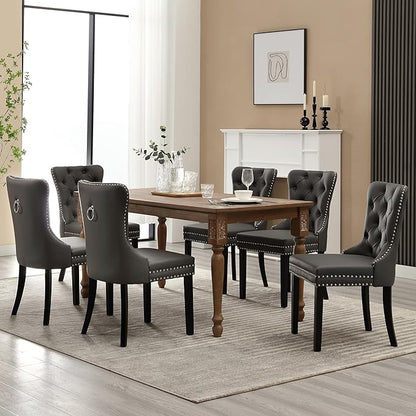 KCC Faux Leather Dining Chairs Set of 6, Upholstered High-end Tufted Dining Room Chair with Nailhead Back Ring Pull Trim Solid Wood Legs, Contemporary Nikki Collection Modern Style for Kitchen, Gray