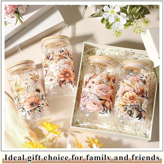 Mumufy 4 Pack Wildflower Glass Cups Gift Aesthetic Cute Glass Cup Tumbler - Image 6