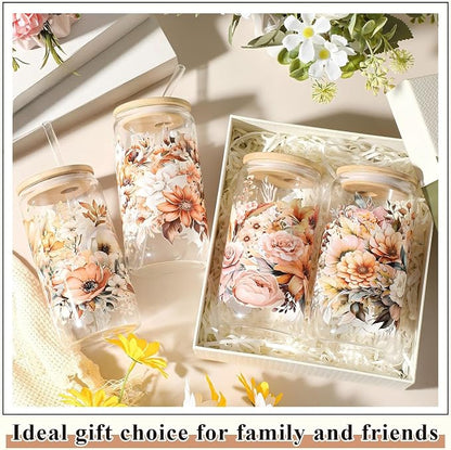 Mumufy 4 Pack Wildflower Glass Cups Gift Aesthetic Cute Glass Cup Tumbler - Image 6