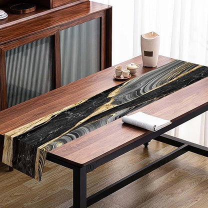 Mcalk Black Marble Table Runner and Placemats Set of 6 Pieces, Gold Marble Placemats, Modern Cloth Place Mats Indoor for Kitchen,Washable Linen Material for Dining Table
