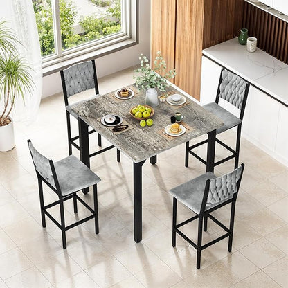 AWQM 5-Piece Dining Table Set, Dining Table Set for 4, Counter Height Table & 4 Velvet Bar Stools, Modern Kitchen Dining Set, Compact Dining Set for Small Spaces (Gray & Velvet Chairs)