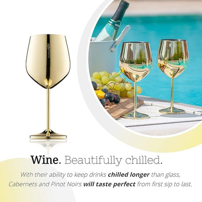 Gusto Nostro Stainless Steel Wine Glass - 18 oz Unbreakable Gold Wine Glasses for Travel, Camping and Pool - Fancy, Unique and Cute Portable Metal Wine Glass for Outdoor Events, Picnics (Set of 4)