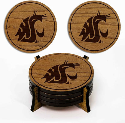LazerEdge Washington State Cougars Wooden Coaster Set - Cherry Wood - Officially Licensed Product - 4-Pack
