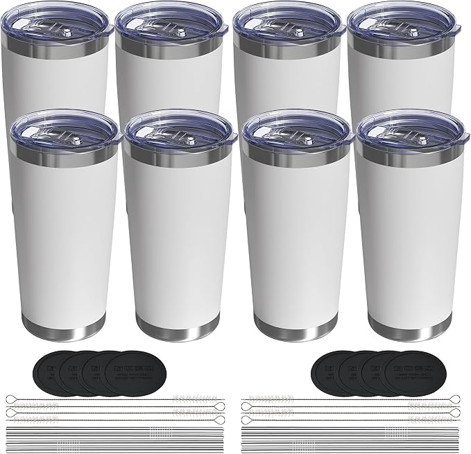 20oz Travel Coffee Tumbler 8 Pack, Lids and Straws, Stainless Steel | Double by UIRZOTN