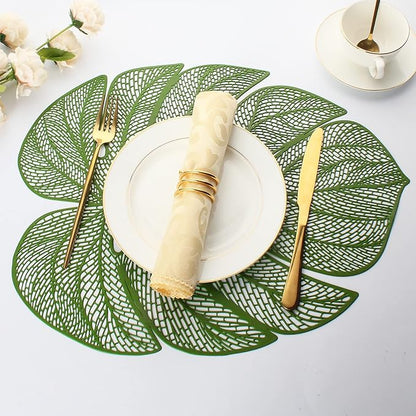 Evevda Green Leaf Shaped Vinyl Placemats for Dinner Table Set of 8 Plastic Green Place Mats Wipeable 8Pcs Table Mats for Wedding Annersary Dinner Table Decoration Mats