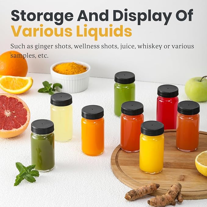 20 PACK 2 oz Glass Shot Bottles w/ Black Lids & 20 Labels - Image 5
