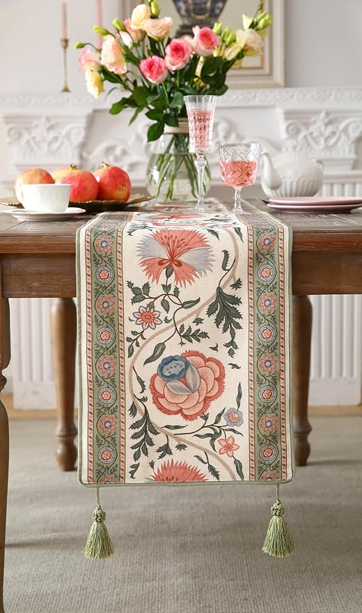 Designer Vintage Linen Long Table Runner, Floral Pattern, Dining Table - Image 4