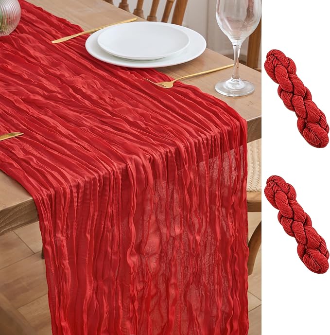 Asee'm 2pcs Red Cheesecloth Table Runner Christmas 10FT Boho Rustic Gauze | by Aseem