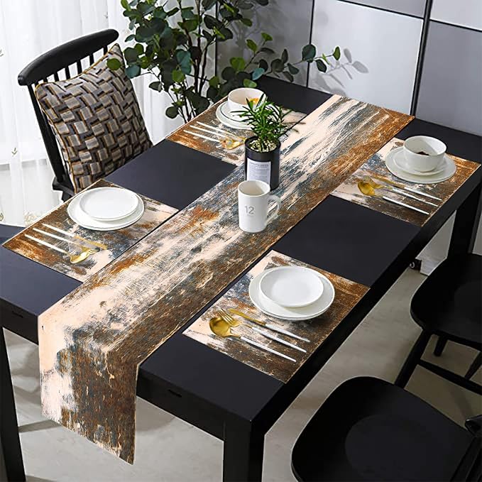 Black Grey Modern Table Runner and Placemats Set of 6, Linen 70" Long | by TQFZP