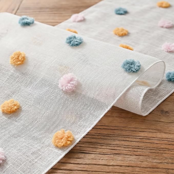 Artoid Mode Pink Blue Yellow Pom Pom Tulle Table Runner, Seasonal Washable - Image 6