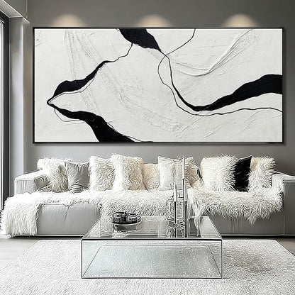 Extra Large Black Line Abstract Hand Painted Canvas Wall Art Gray and Black Minimalist Modern Painting with Framed for Living Room Bedroom Office Wall Decor 40x88 Inch