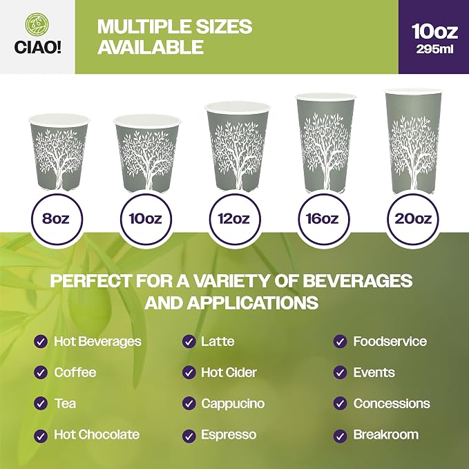 CIAO! 10oz Paper Hot Cup, Rooted Olive Print - Image 7