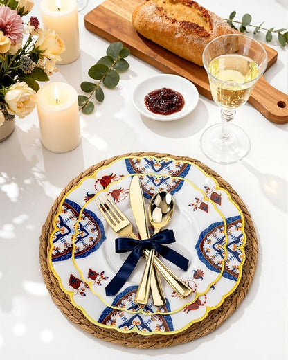 Morejoy 60pcs Vintage Bohemian Plastic Plates，Floral Plastic Plates | Featuring - Image 4