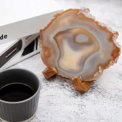Luxury Lane Large Natural Brazilian Agate Slice Geode Rock Stone Drink Coaster with Wood Holder 4.7-5.5 inch Centerpiece Table Decoration, Oak Brown