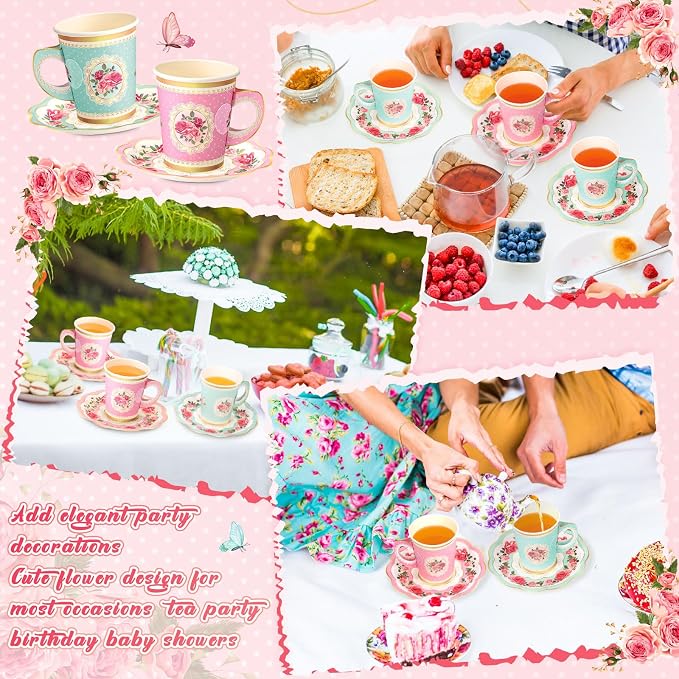 Tioncy 100 Pcs Tea Party Decorations Include 50 Pieces 9 oz Paper Tea Cups - Image 6
