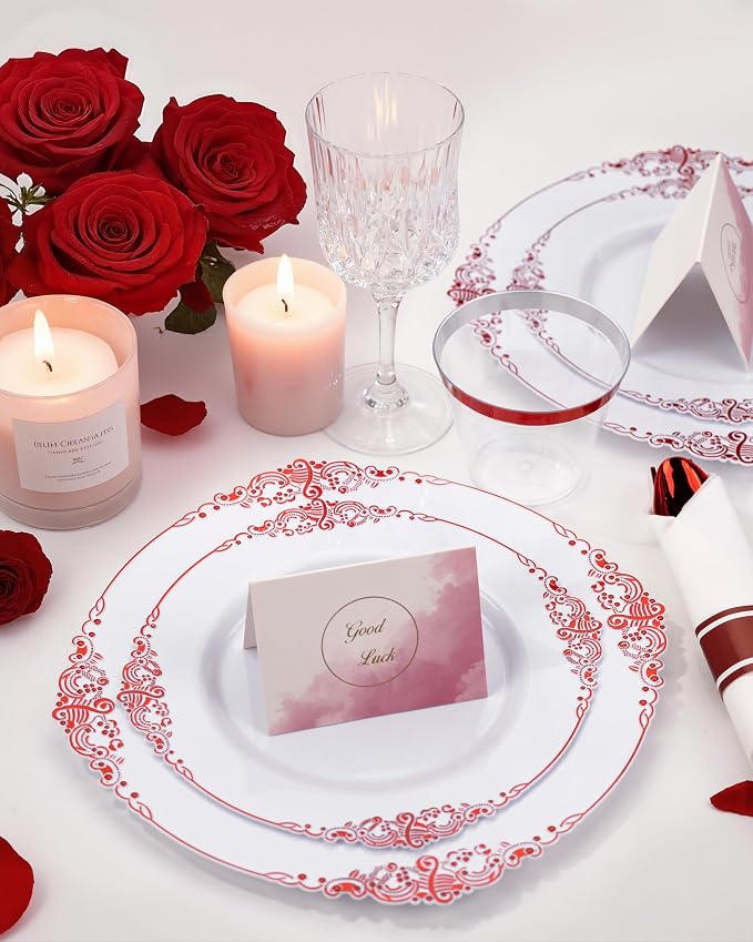 Nervure 100Pcs White Red Plastic Plates, Party Plates Set - Image 7
