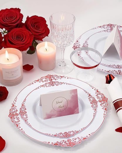 Nervure 100Pcs White and Red Plastic Plates - Heavyweight Red Disposable Plates - Plastic Plate Include 50Pcs 10.25inch Dinner Plate & 50Pcs 7.5inch Dessert Plate for Wedding & Party