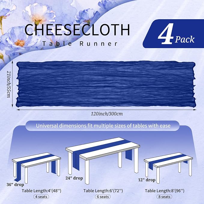4 Pack Cheesecloth Table Runner 10FT Royal Blue Table Runner Boho Gauze Cheese - Image 2