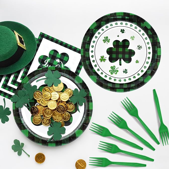 96 Pieces St. Patrick’s Day Tableware Set – Green and Black Plaid Shamrock - Image 4