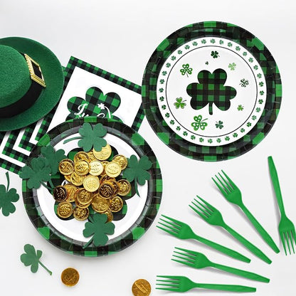 96 Pieces St. Patrick’s Day Tableware Set – Green and Black Plaid Shamrock - Image 4