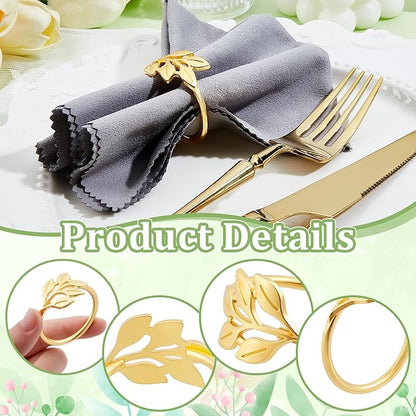Peacoblue 60Pcs Gold Leaf Rings Holders Modern Stainless Steel Napkin Ring Holders for Table Decor Settings, Vintage Napkin Ring for Wedding Christmas Thanksgiving Day Party