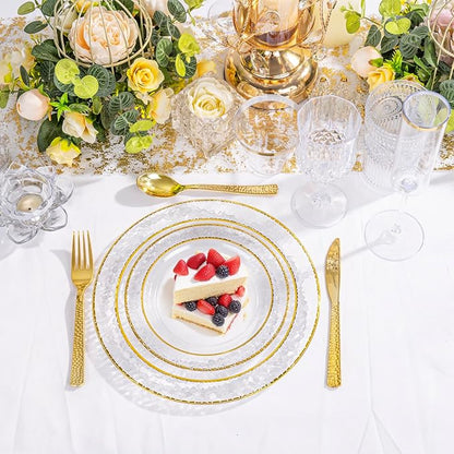 Ciaell 350PCS Clear Plastic Plates with Gold Trim for 50 Guests,Includes 100 Plastic Plates, 50 Pre Rolled Napkins with Gold Silverware, 50 Cups, Disposable Dinnerware Set for Wedding & Party
