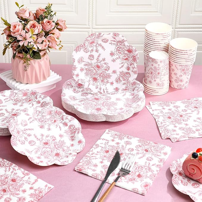 250 Pcs Pink Floral Disposable Paper Plate Napkins | Disposable Paper Set - Image 4