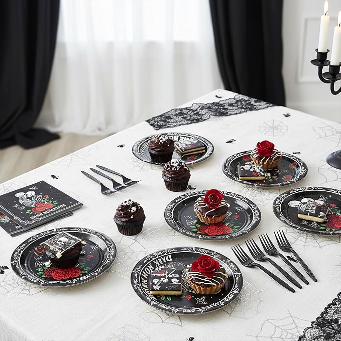 96Pcs Dark Romance Book Lover Skull Rose Black Gothic Party Plates Supplies - Image 6