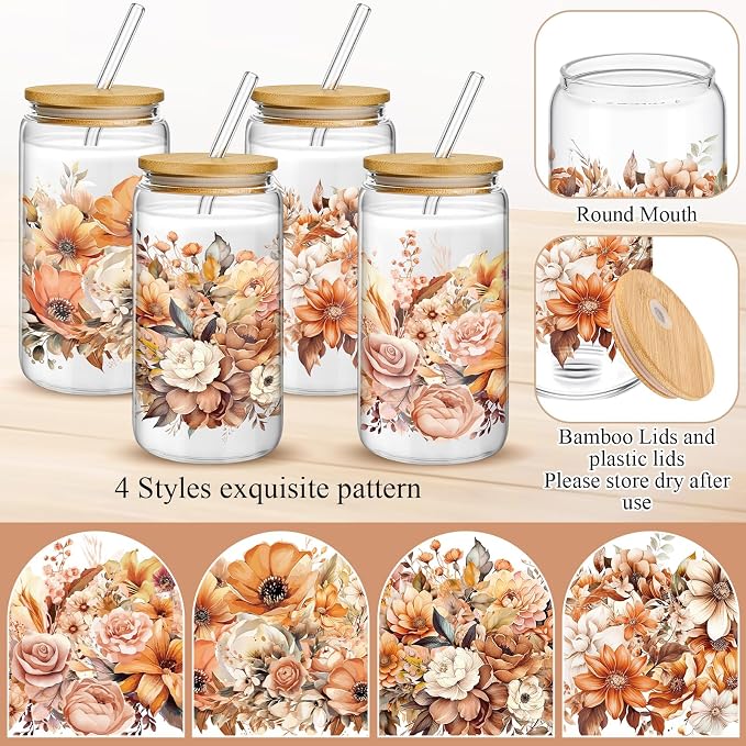 Mumufy 4 Pack Wildflower Glass Cups Gift Aesthetic Cute Glass Cup Tumbler - Image 3