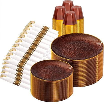 Rubtlamp 700Pcs Amber Gold Plastic Dinnerware Set, Hammered Clear Gold Plates by Rubtlamp