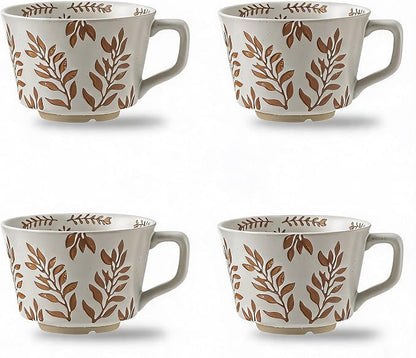 4 Pack 12oz Embossed Leaf Ceramic Coffee Mugs, Vintage Speckled Stoneware Tea by Tvvtuww