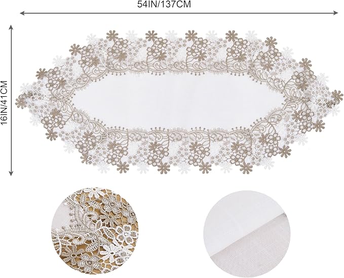 White Beige Floral Lace Table Runner Dresser Scarf | Floral Lace Border - Image 6
