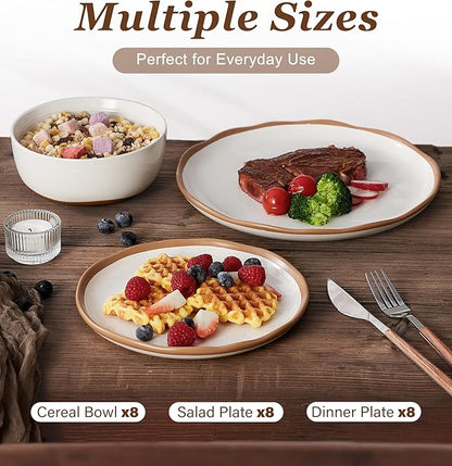 24 Piece Dinnerware Sets for 8 - Farmhouse Ceramic Plates and Bowls Sets - Scratch Resistant Stoneware Dishes Set, Dishwasher & Microwave Safe, Stack Compactly Dishware - Vintage White