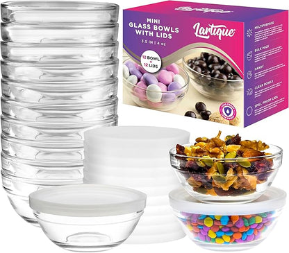 Mini 3.5 Inch Small Glass Bowls with Lids - Small Bowls Perfect for Prep, Dips, Nuts, or Candy - Meal Prep Bowls or Dessert Bowls, Set of 12