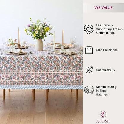 ATOSII Kalina 100% Cotton Square Tablecloth, Handblock Floral Print Linen Table Cloth for Kitchen I Dining Table I Tabletop I Parties I Wedding I Spring/Summer (60 X 60 Inches)