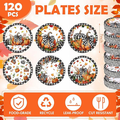 60 Pcs 7 Inch Fall Pumpkin Paper Plates Thanksgiving Black Buffalo Plaid Plates Decorations Orange Pumpkin Leaves Tableware for Thanksgiving Autumn Harvest Birthday Farmhouse Party Supplies