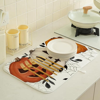 Halloween Dish Drying Mat for Kitchen Counter 18x24 Inch Pumpkins Spider Web - Image 2