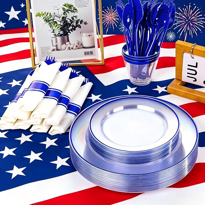 SUT 175 Pcs Blue and Clear Plastic Dinnerware Set - Image 5