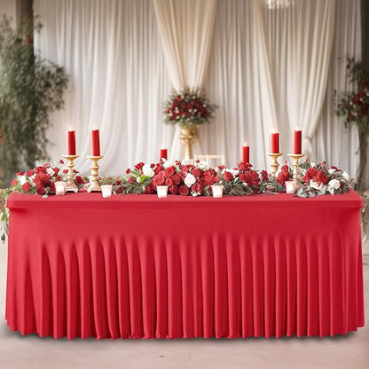 Wish Care 2 Pack Red Spandex Table Clothes for 8 Foot Rectangle Tables, 8FT Wrinkle Free Fitted Tablecloths Ruffles Design Stretch Table Cover for Party, Banquet, Wedding and Events