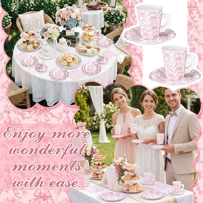 Pickmesh 252 Pcs Pink Bow Floral Tea Party Supplies - Image 7