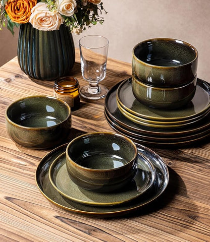 Ceramic Dinnerware Set for 4, 12-Piece Plates and Bowls Set | Handmade Reactive - Image 4
