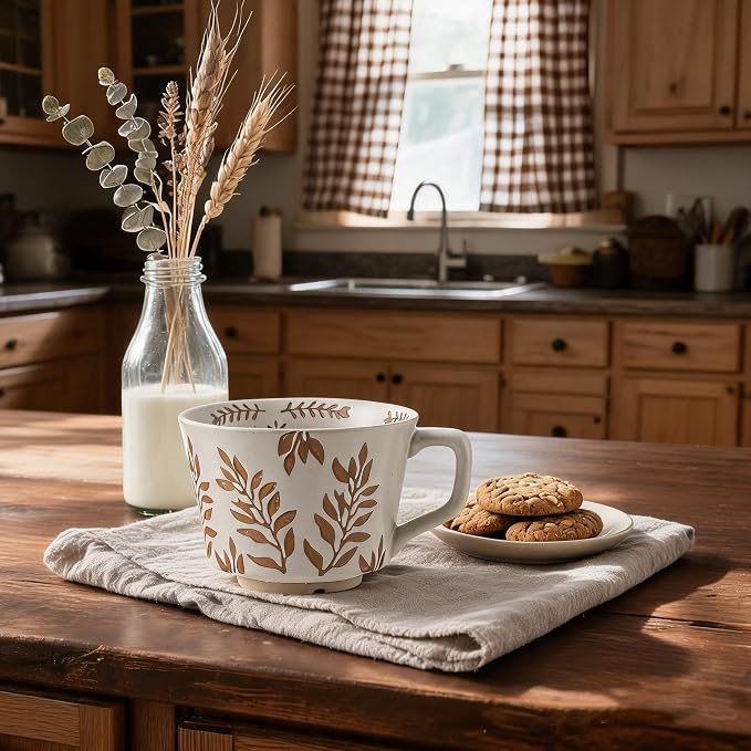 4 Pack 12oz Embossed Leaf Ceramic Coffee Mugs, Vintage Speckled Stoneware Tea - Image 2