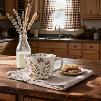4 Pack 12oz Embossed Leaf Ceramic Coffee Mugs, Vintage Speckled Stoneware Tea - Image 2