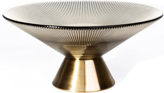 Tapered Glass Decorative Bowl (Coffee Brown), 9.8 Inches Handblown Striped Design Fruit Bowl with Rust-Resistant Metal Base for Home Decor, Table Centerpiece, Kitchen Island and Dining Decor