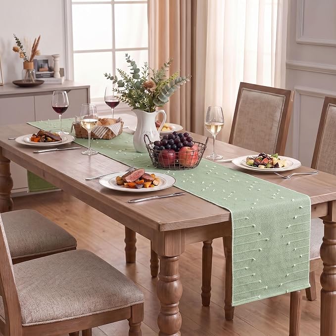 Artoid Mode Sage Green Farmhouse Rustic Cotton Woven Table Runner, Seasonal - Image 6