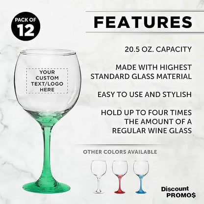 Custom Premiere Wedding Wine Glasses 20.5 oz Set of 12, Personalized Bulk Pack - Restaurant Glassware, Perfect for Red Wine or White Wine - Green