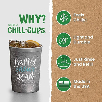 16 oz. Party Cups 'Happy New Year' Champagne Design for Cold Drinks, Durable, Disposable, Recyclable, Made in USA, Gray, 12 Count