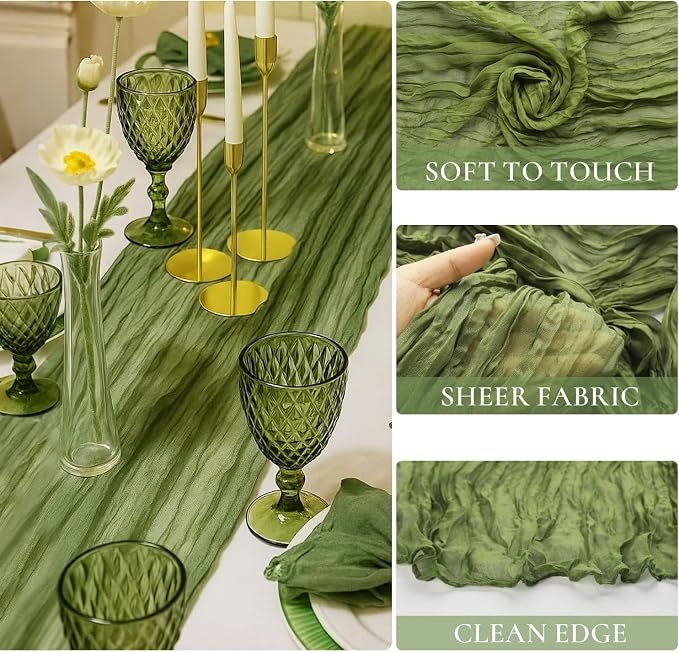 Moss Green Cheesecloth Table Runner 35x120 Inch 10FT Long Rustic Boho Olive - Image 2