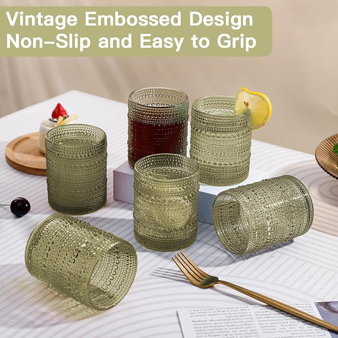 JOVGANK Green Vintage Hobnail Drinking Glasses Set of 6, Embossed Water Tumbler - Image 6